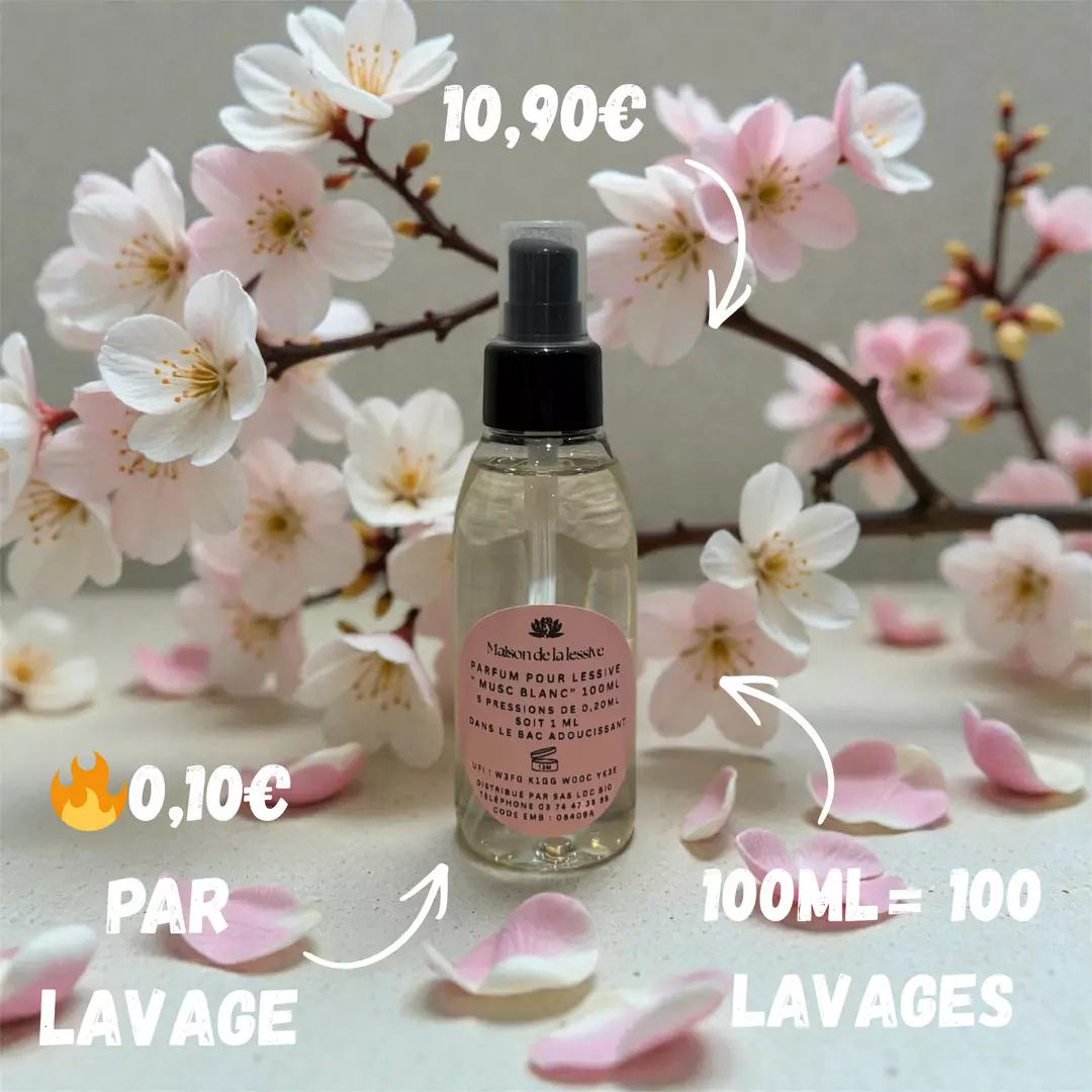 Parfum de lessive Musc Blanc 100ml — 100 lavages parfumes 13,90€ fabrique a Grasse