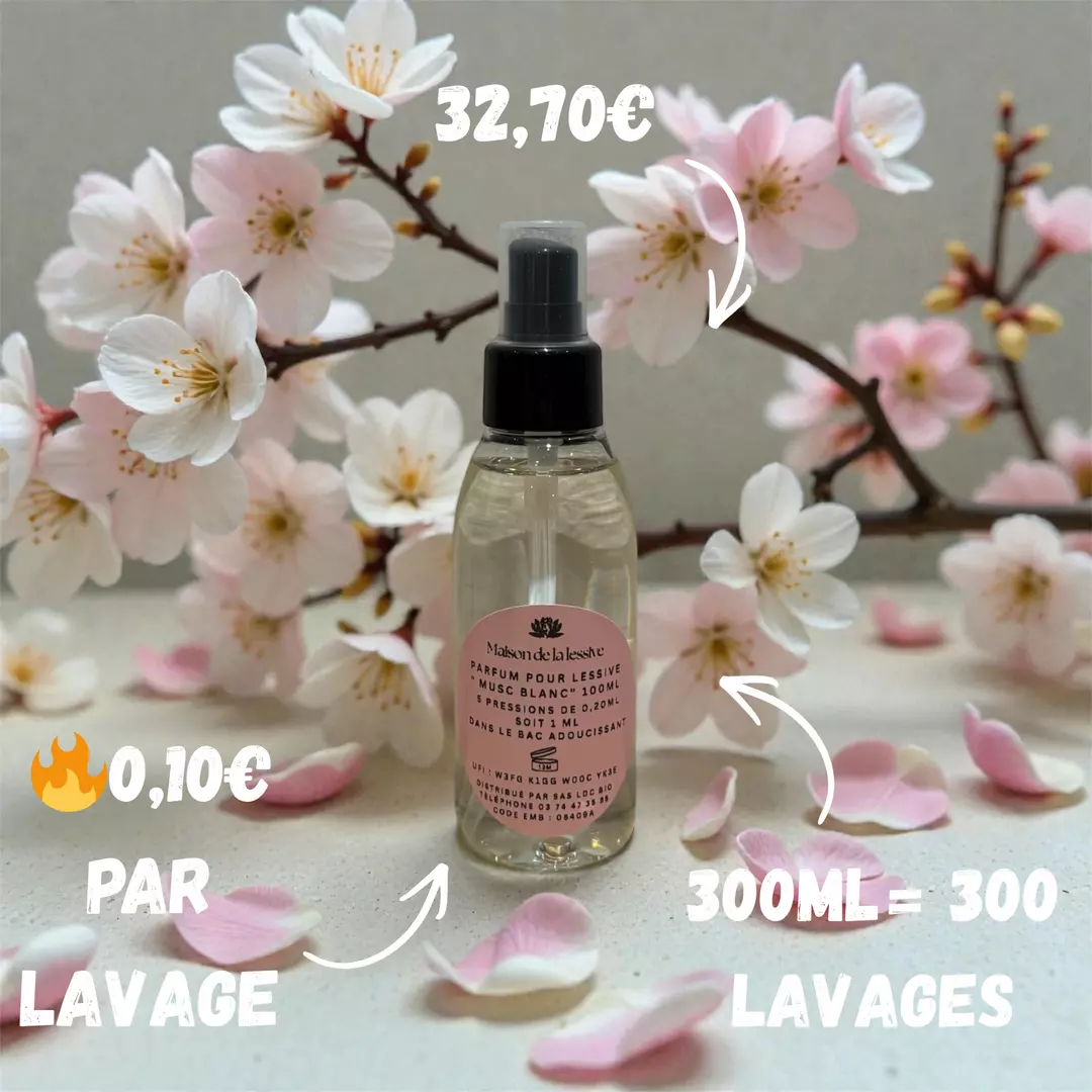 Parfum de lessive Musc Blanc 300ml — 300 lavages parfumes 35,90€ fabrique a Grasse