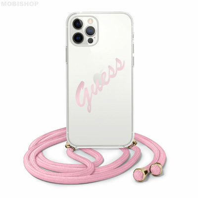 coque-bi-matiere-transparente-souple-avec-laniere-et-logo-vintage-rose-guess-pour-apple-iphone-12-12-pro-guess