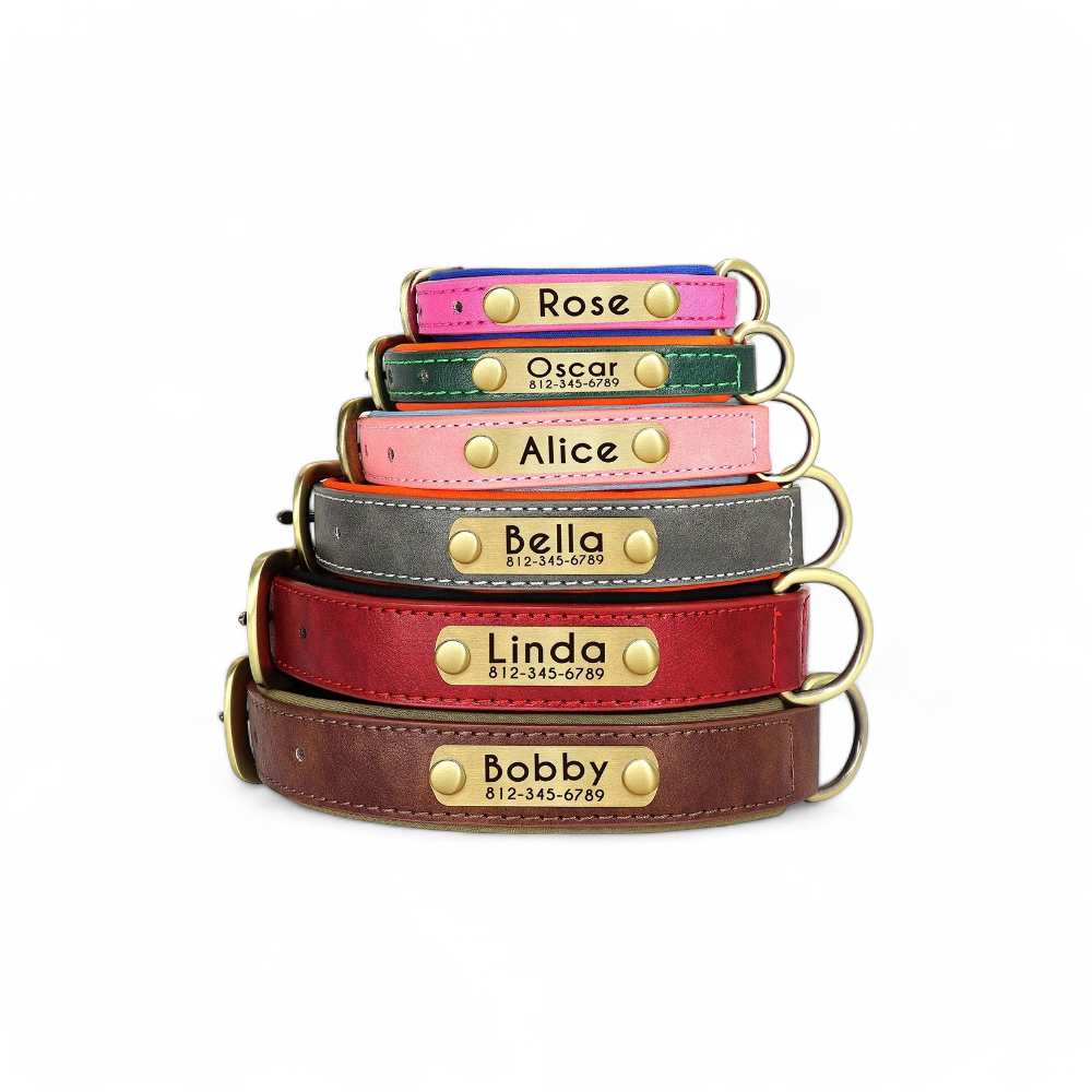 Collier Pour Chien Personnalisé - Cuir Réfléchissant Avec Plaque Gravée - Taille Réglable Petit/Moyen/Grand