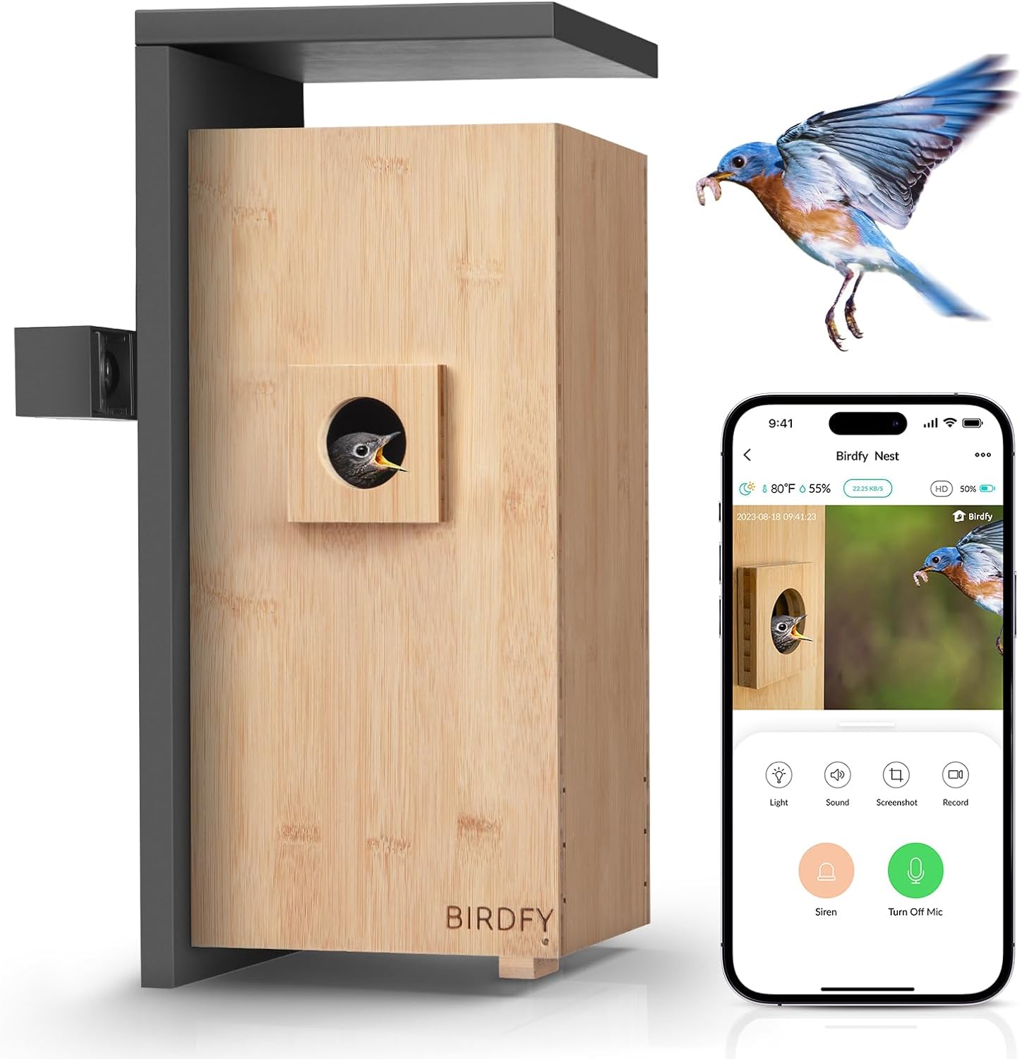 Netvue by Birdfy Nistkasten mit Dual-Kamera 1080P Bambus Vogelhaus mit KI Verhaltenserkennung, Automatische Aufnahme bei Nisten & Schlüpfen, Vögel in Echtzeit beobachten, Solarbetrieb Avec double caméra