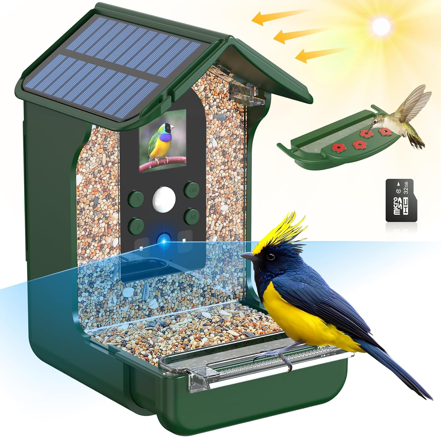 Cozion Vogelfutterspender mit Kamera, Vogelfutterstation mit Solarenergie, Vogelhäuschen mit Kamera Gartenhäuschen, 1080P HD Vogelhaus Kamera, Automatische Video/Fotoaufnahme von Vögeln, 32GB
