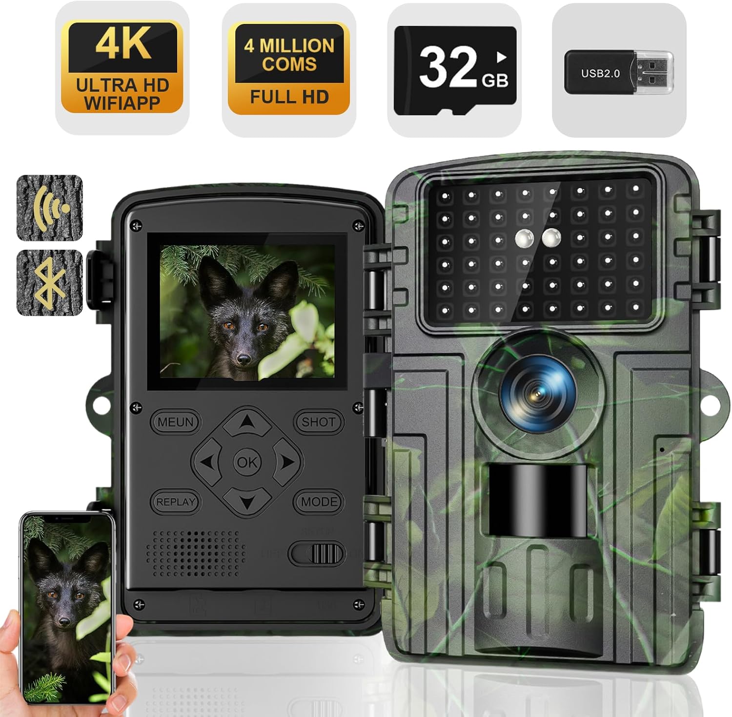 Wildkamera, 4K Video Wildtierkamera, 60MP Full HD WLAN mit Handyübertragung APP, Bewegungssensor, Nachtsicht, 0,1s Auslösezeit, Infrarot Wildkamera mit 32G Speicherkarte & Kartenleser IP66 Wasserdicht PR5000-WF
