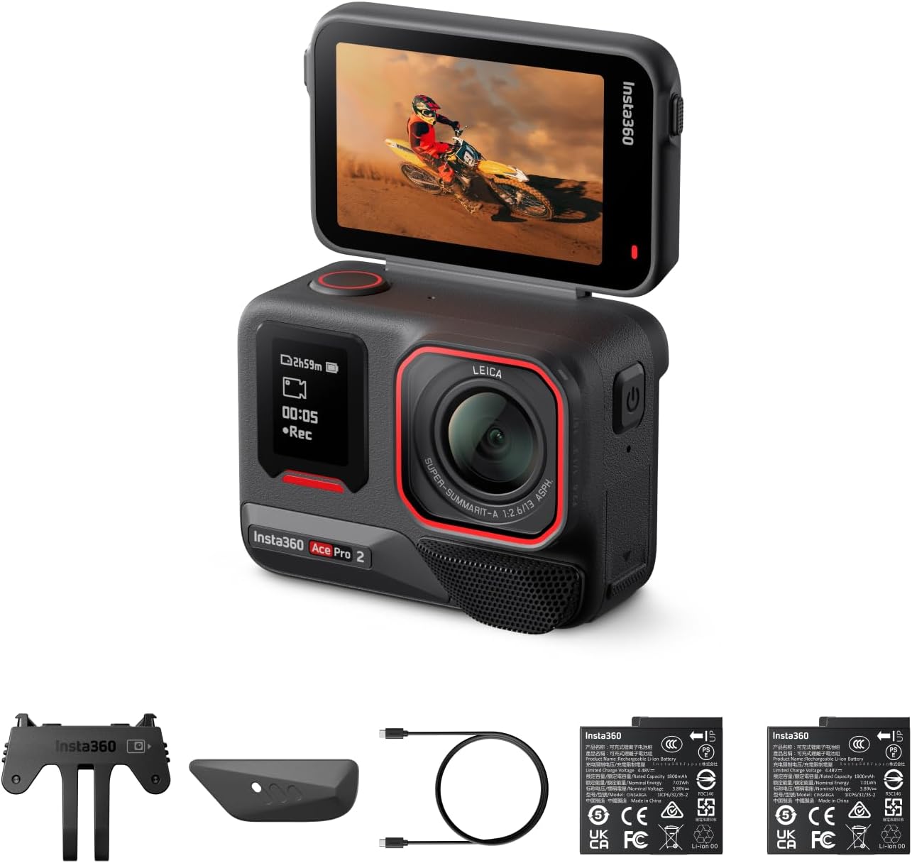 Insta360 Ace Pro 2 Doppel-Akku-Bundle - 8K wasserdichte Actionkamera mit Leica entwickelt, 1/1,3 Sensor, Dual-KI-Chip-System, führende Schwachlichtleistung, bestes Audio, Flipscreen & KI-Editing