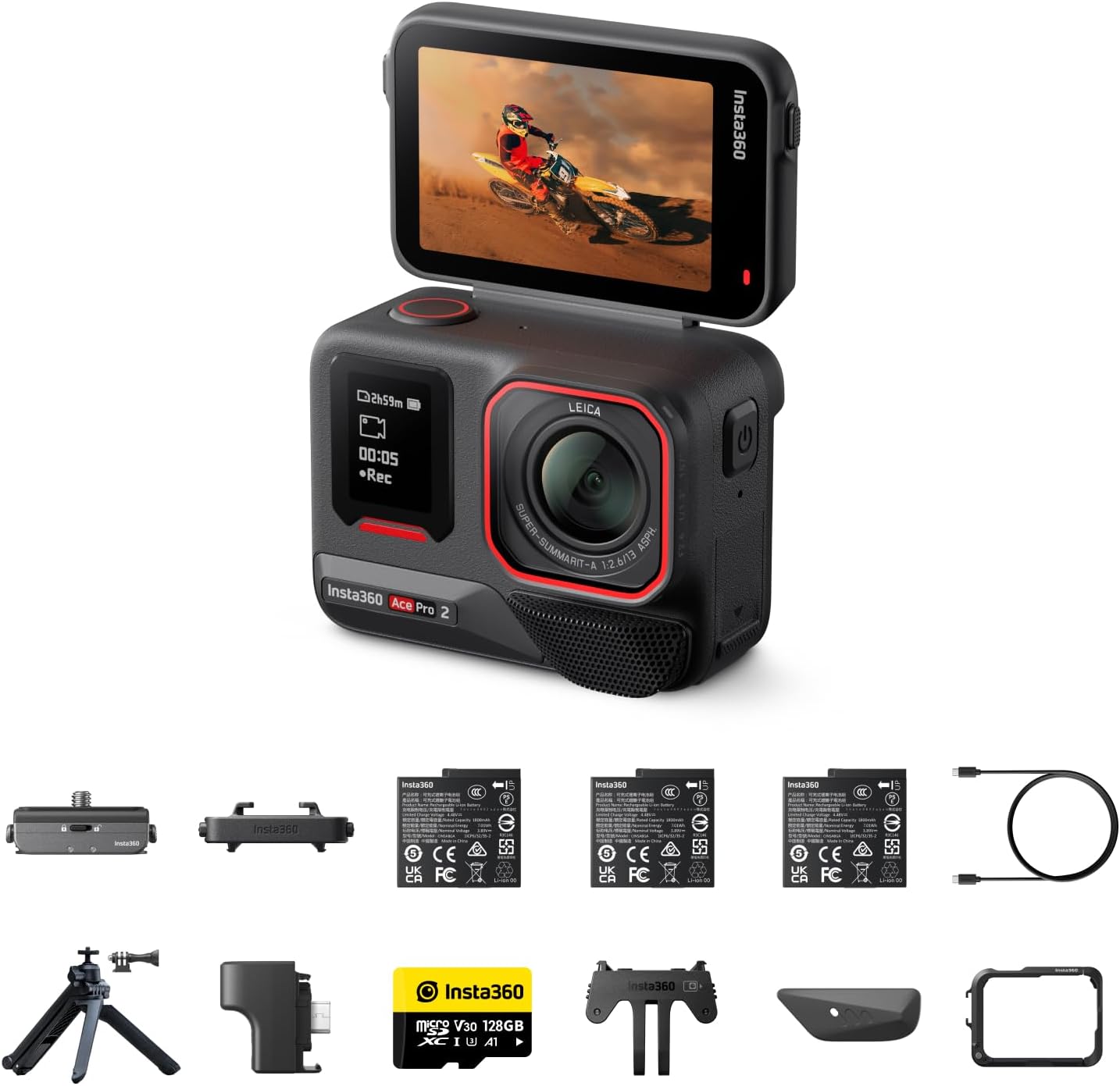 Insta360 Ace Pro 2 Ultimativ-Bundle - 8K wasserdichte Actionkamera mit Leica entwickelt, 1/1,3 Sensor, Dual-KI-Chip-System, führende Schwachlichtleistung, bestes Audio, Flipscreen & KI-Editing