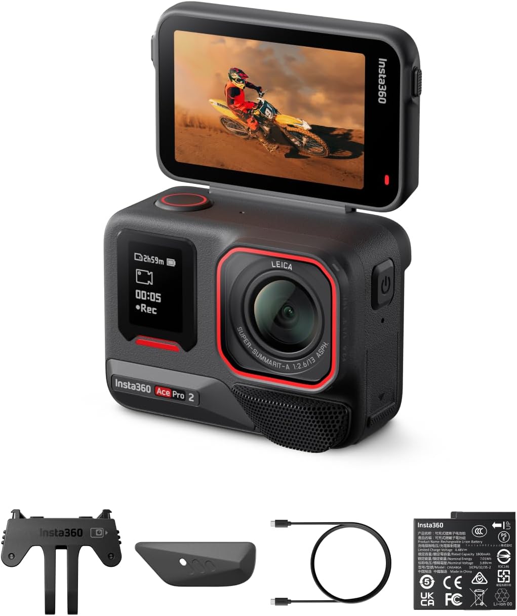 Insta360 Ace Pro 2 Standard-Bundle - 8K wasserdichte Actionkamera mit Leica entwickelt, 1/1,3 Sensor, Dual-KI-Chip-System, führende Schwachlichtleistung, bestes Audio, Flipscreen & KI-Editing