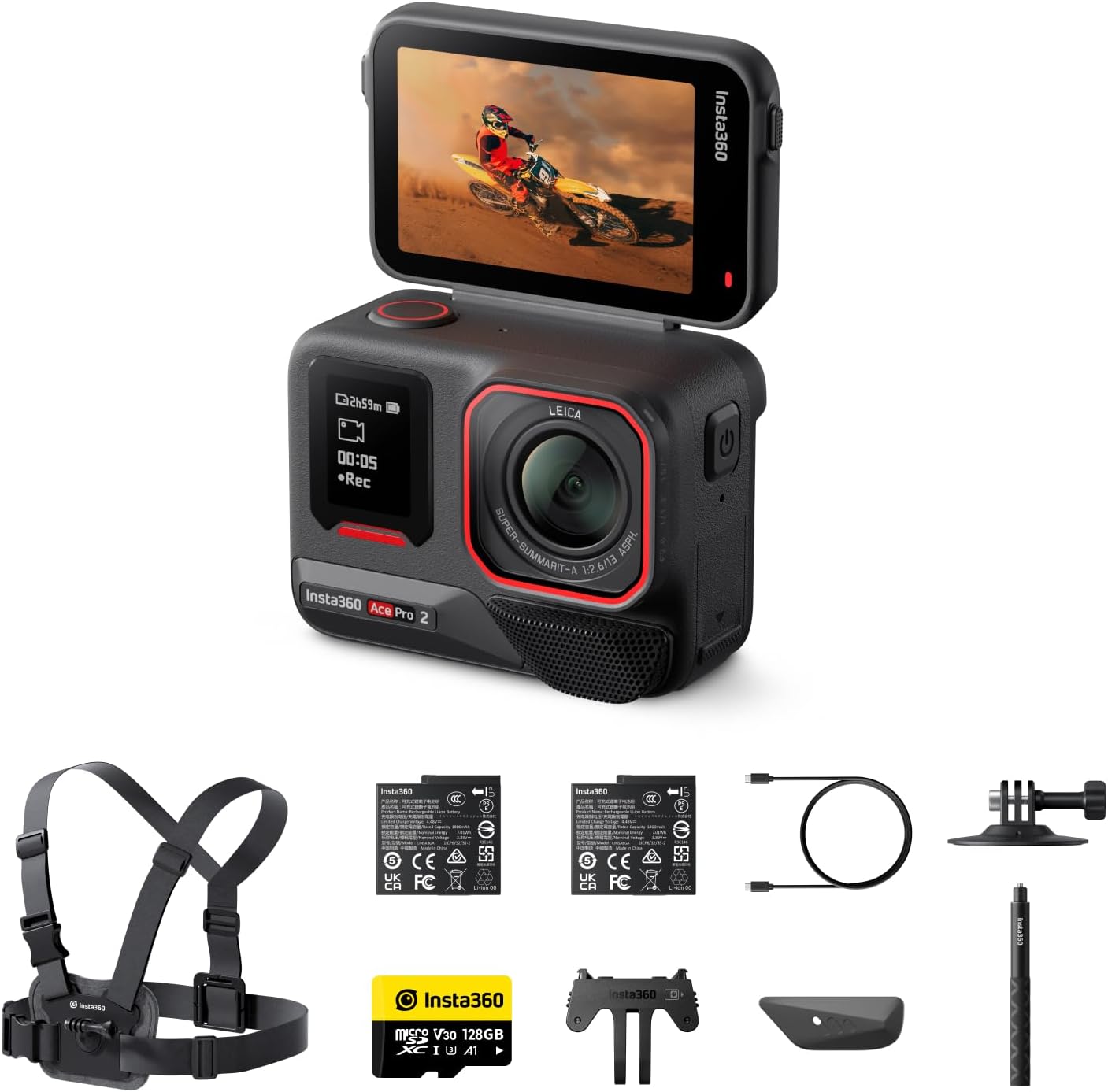 Insta360 Ace Pro 2 Winter-Bundle - 8K wasserdichte Actionkamera mit Leica entwickelt, 1/1,3 Sensor, Dual-KI-Chip-System, führende Schwachlichtleistung, bestes Audio, Flipscreen & KI-Editing
