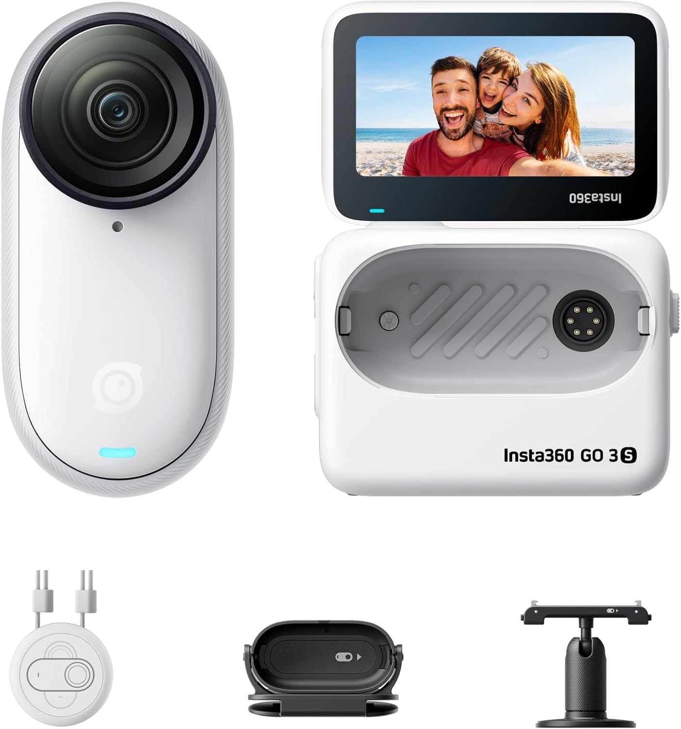 Insta360 GO 3S 128 GB - Tragbare 4K Mini-Kamera, Freihand-POVs, Überall anbringbar, Stabilisierung, 140 min Akku, 10 m wasserdicht, KI-Bearbeitung, Apple Find My, für Vlogs, Reisen, Outdoor