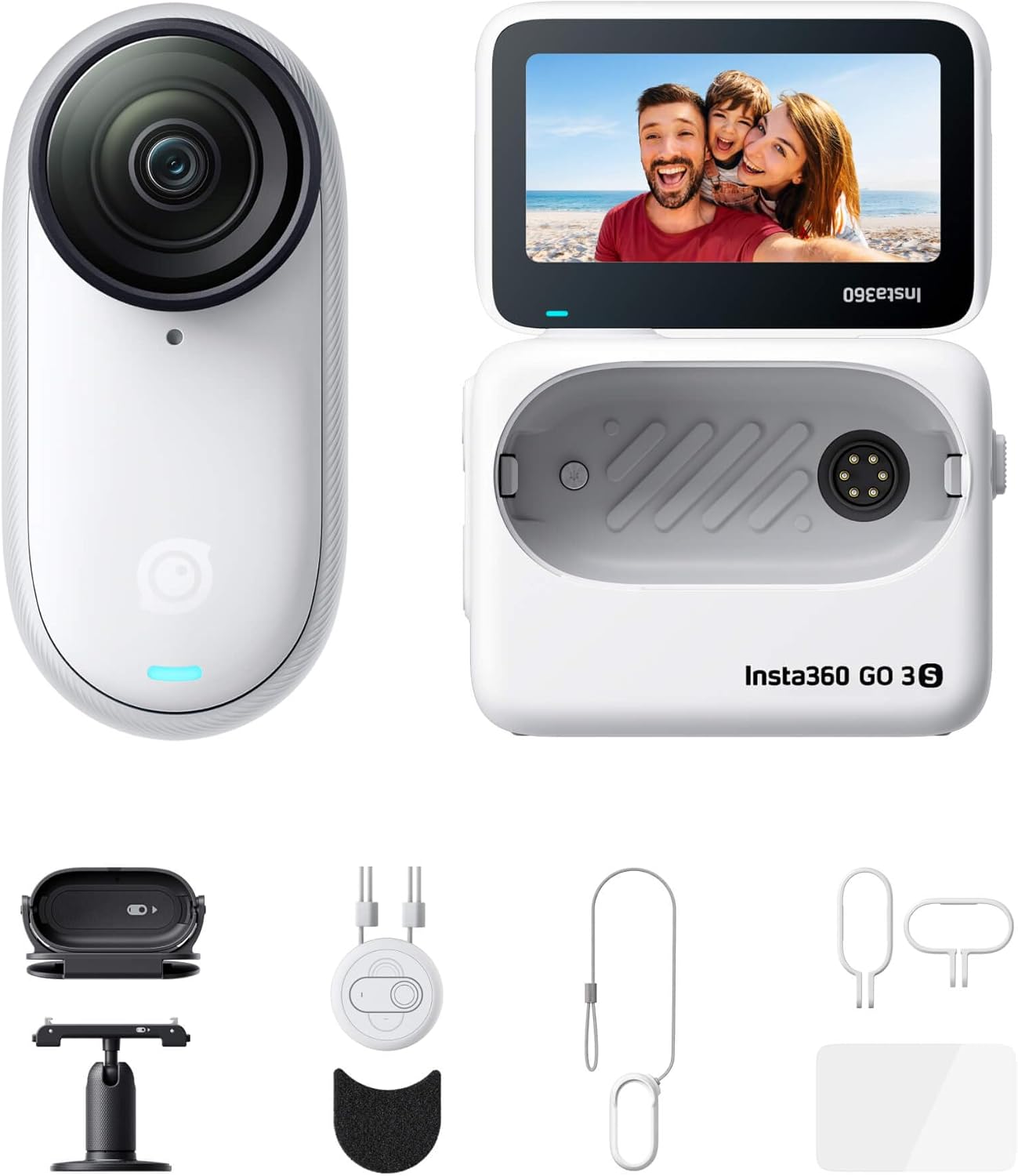 Insta360 GO 3S Action-Bundle - Tragbare 4K Mini-Kamera, Freihand-POVs, Überall anbringbar, Stabilisierung, 140 min Akku, 10 m wasserdicht, KI-Bearbeitung, Apple Find My, für Vlogs, Reisen, Outdoor