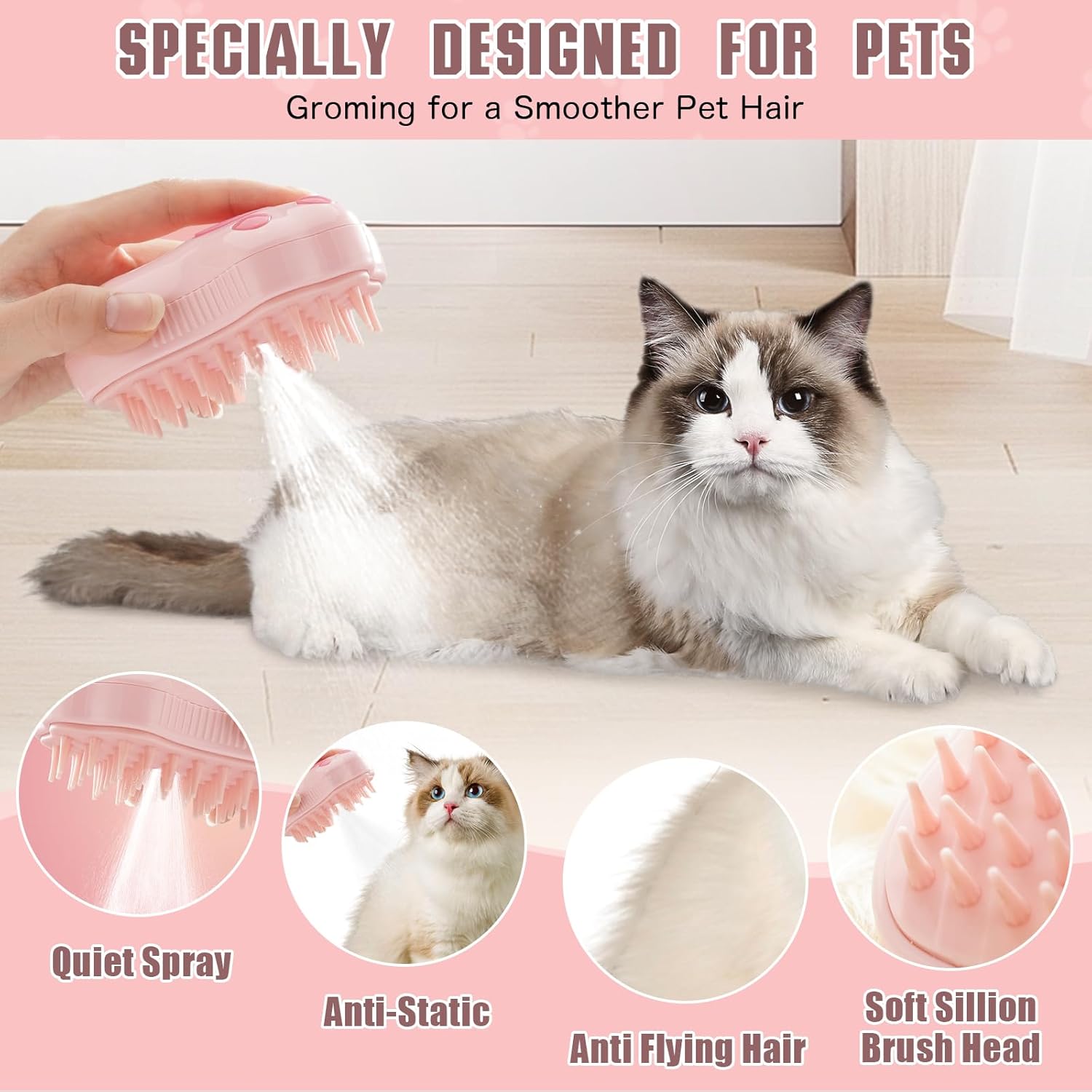 Brosse toilettage chat 3 en 1 LorSou rose avec fonction autonettoyante