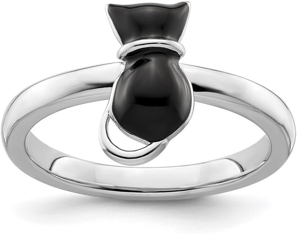 Bague fine empilable en argent 925 avec chat émaillé noir