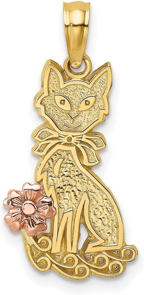 Pendentif chat assis en or jaune 14 carats avec nœud et fleur rose