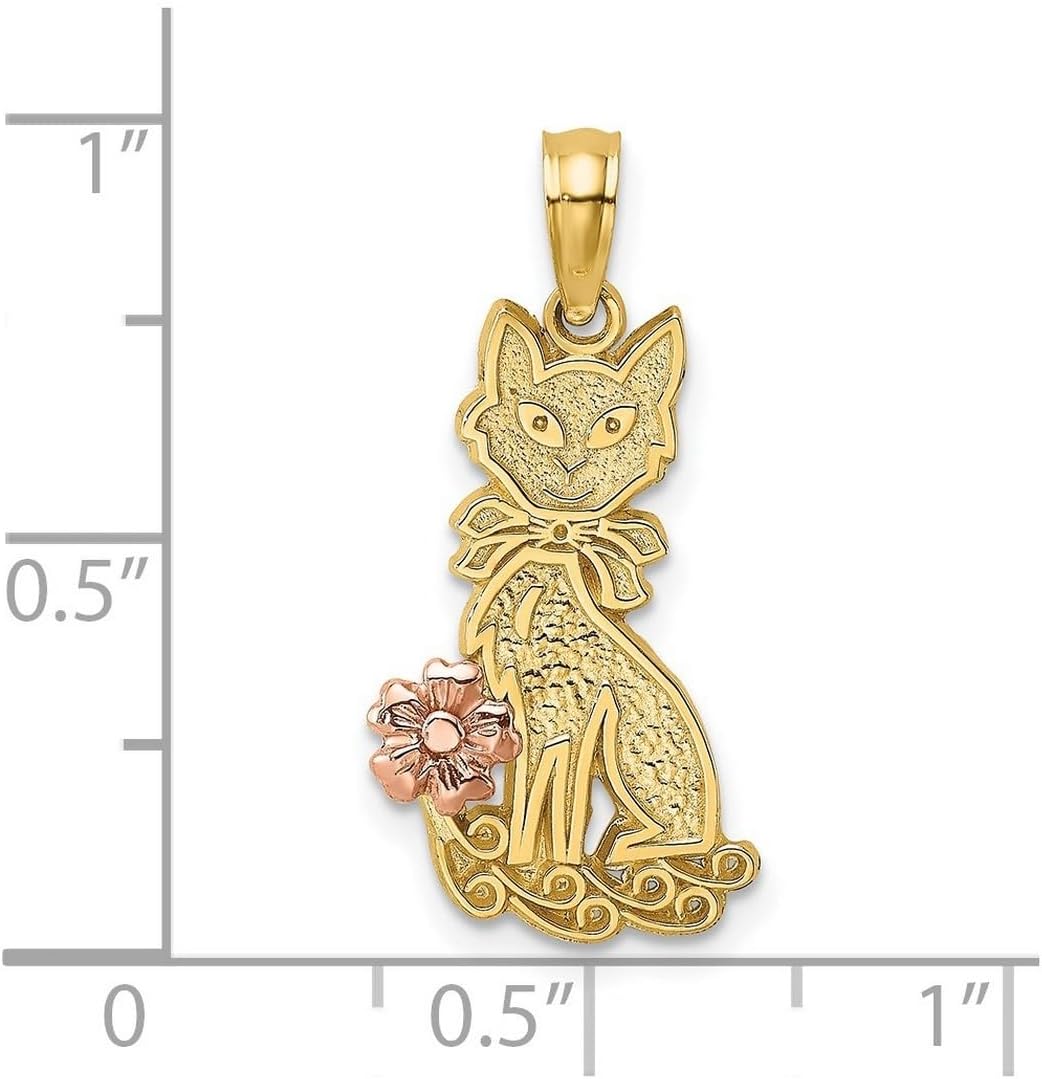 Breloque chat or 14K pour femme, détail du nœud et de la fleur