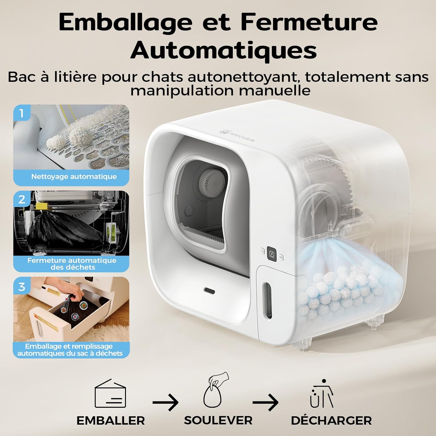Pièces amovibles de la litière Cura3 prêtes pour le nettoyage facile.