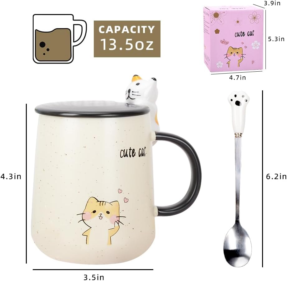 Tasse jaune en céramique avec couvercle chat 3D et cuillère patte de chat