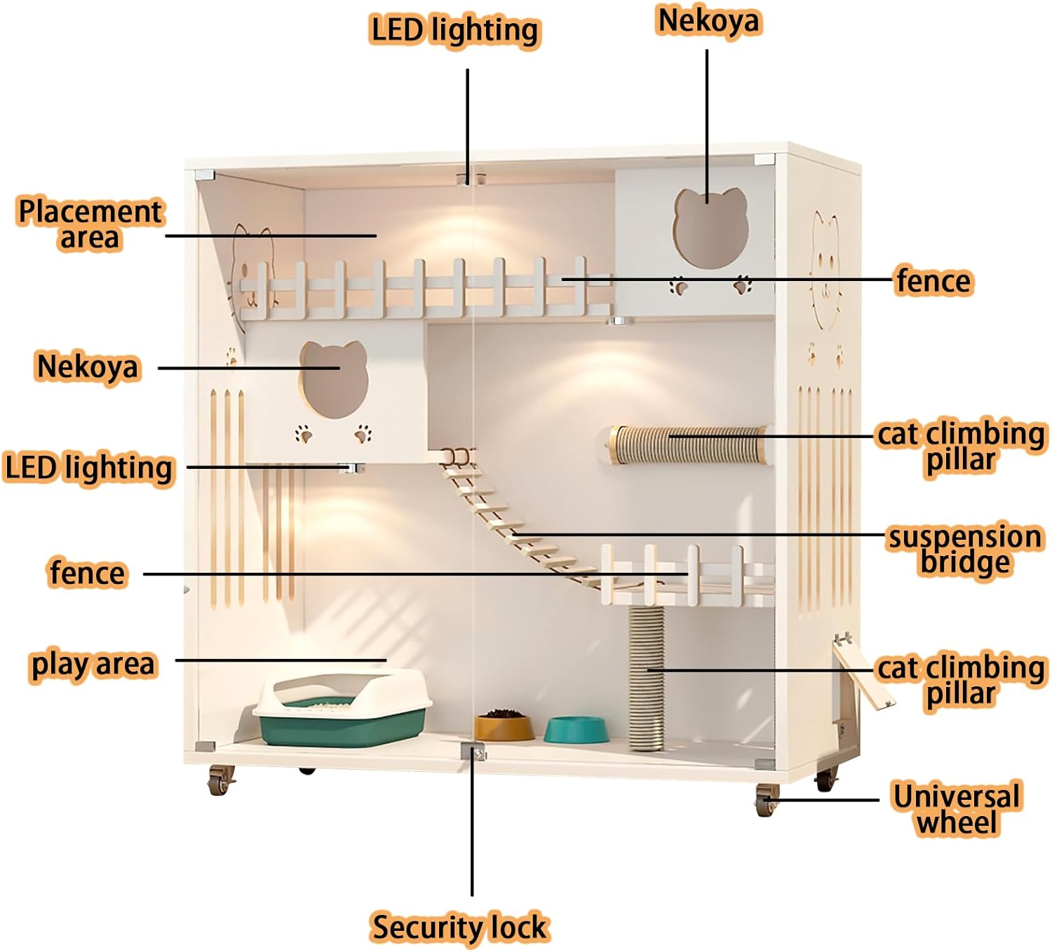 Grande cabane en bois blanc IGTOPS avec porte en verre pour chat