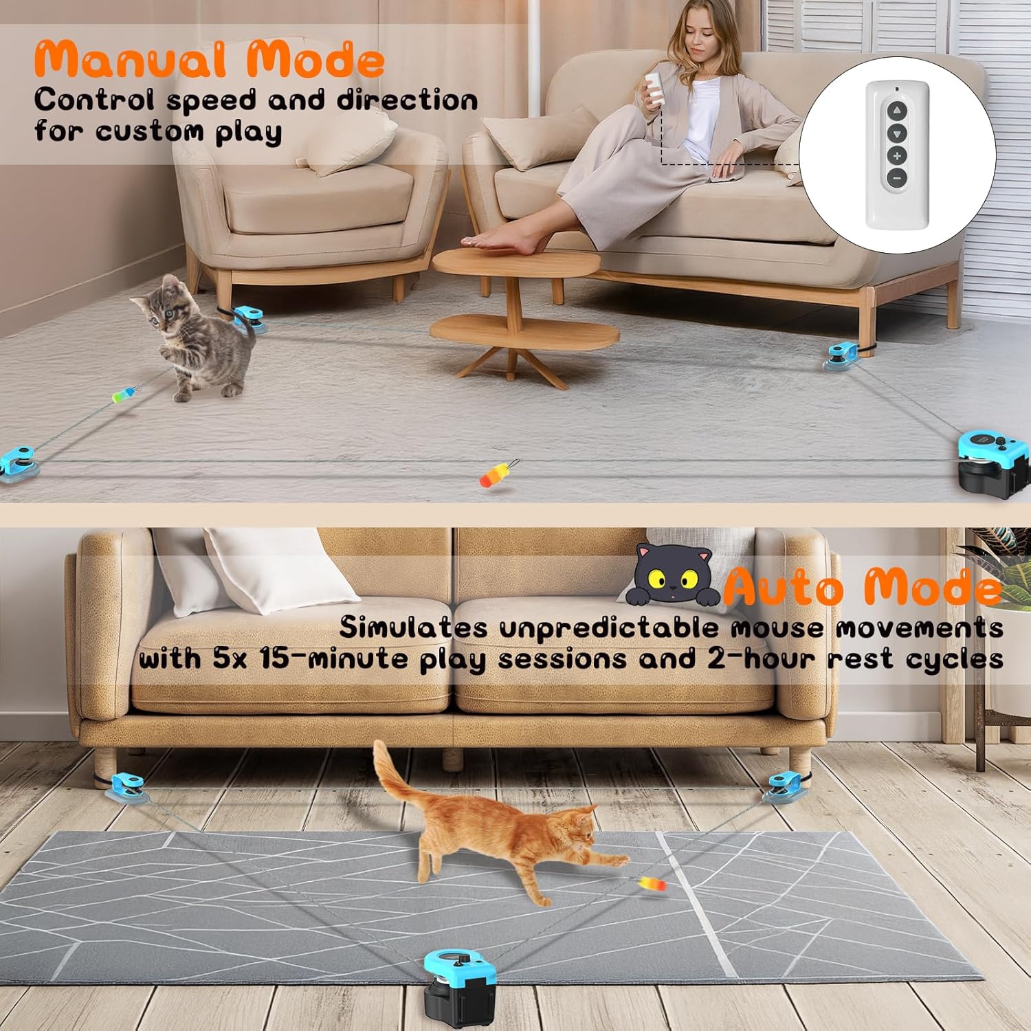 Jouet chat ITSHINY posé dans un salon moderne, prêt à l’emploi
