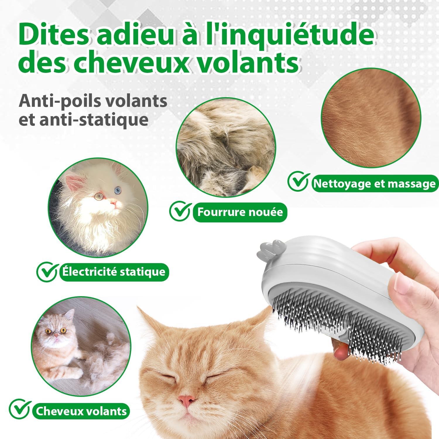 Chat détendu pendant l’utilisation de la brosse vapeur POIIOPY