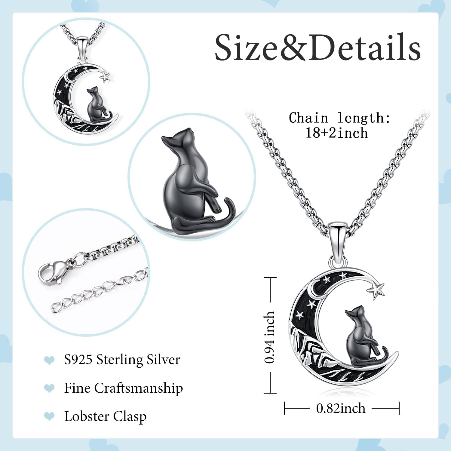 Gros plan sur le pendentif chat, mettant en valeur le zircon noir étincelant