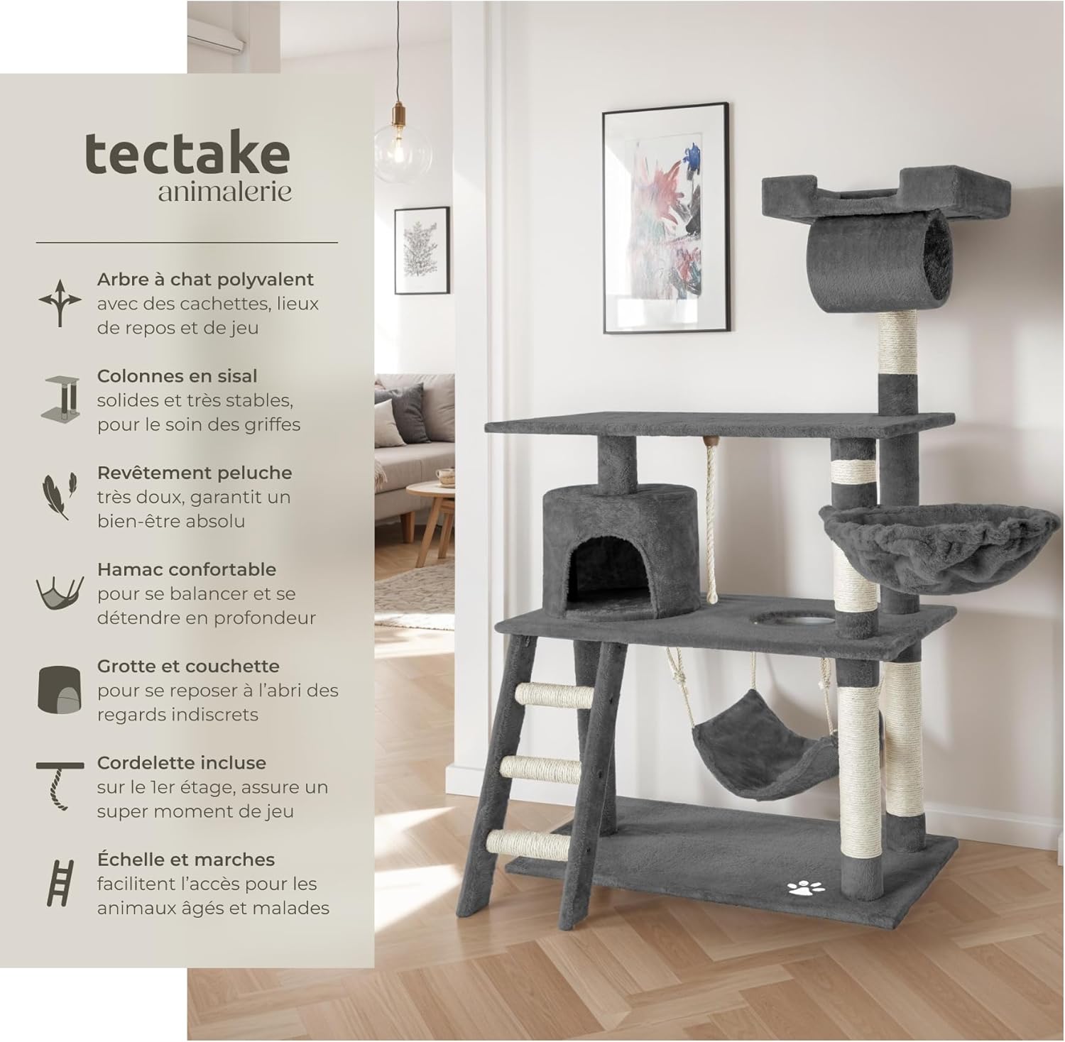 Détail des poteaux recouverts de sisal naturel, solution idéale pour l’entretien des griffes de votre chat.