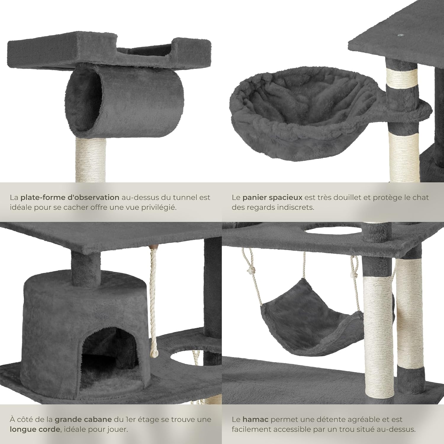 Montage facile de l’arbre à chat TecTake, accessoires inclus pour jeu et repos félin.