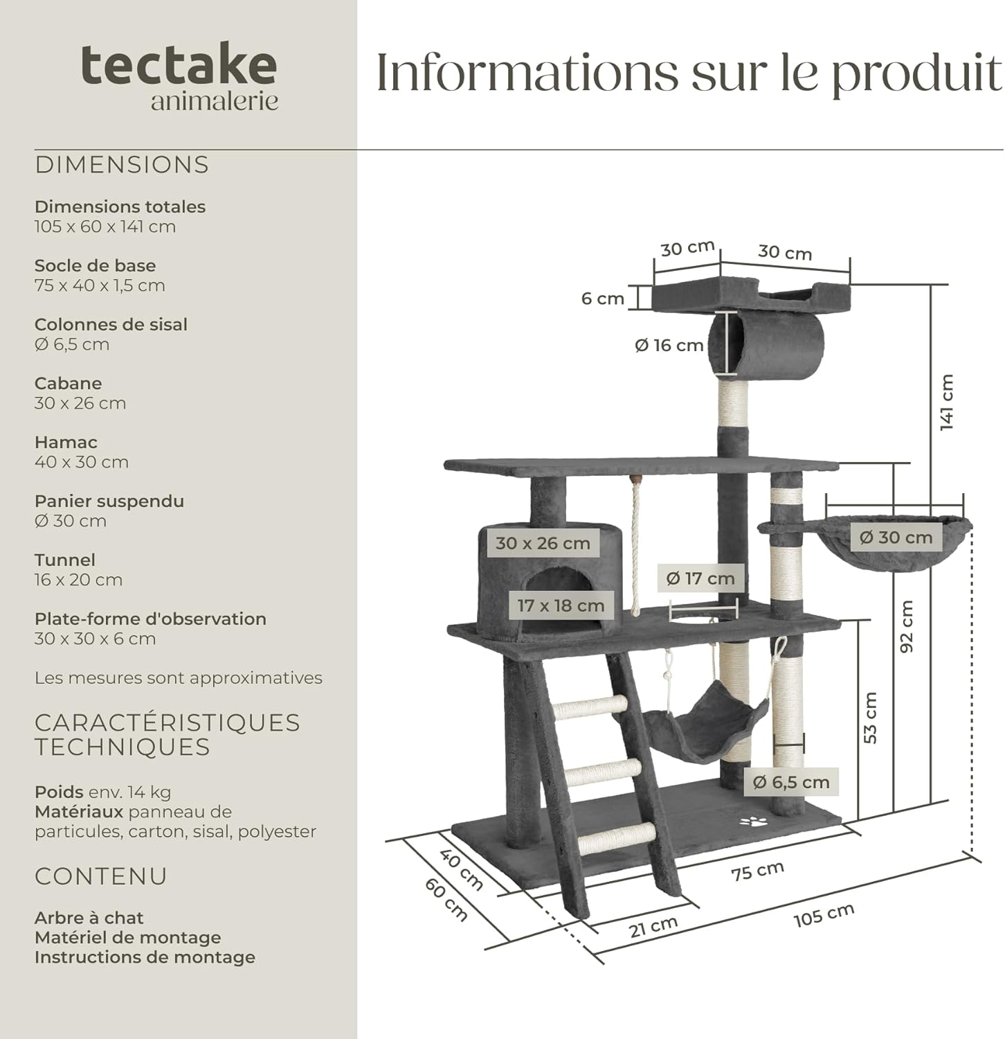 Système anti-basculement et plateforme haute de l’arbre à chat TecTake gris.