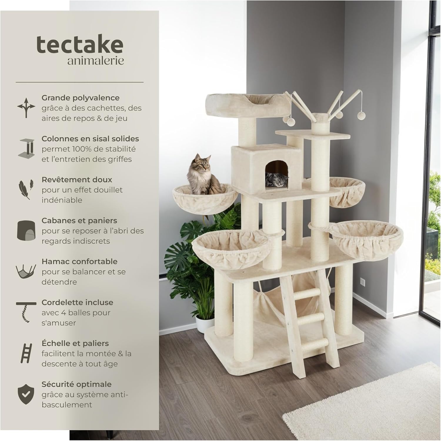 Niche douillette de l’arbre à chat TecTake, espace de repos pour chat discret et confortable.