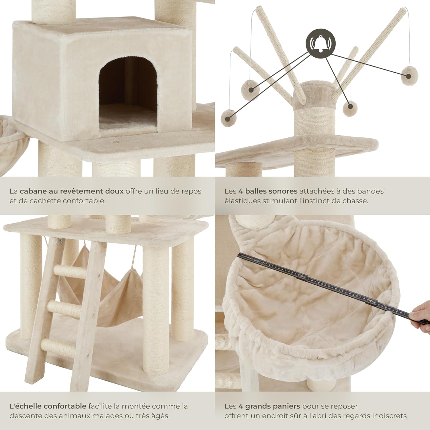 Détail des poteaux griffoir robustes en sisal naturel du grand arbre à chat TecTake.