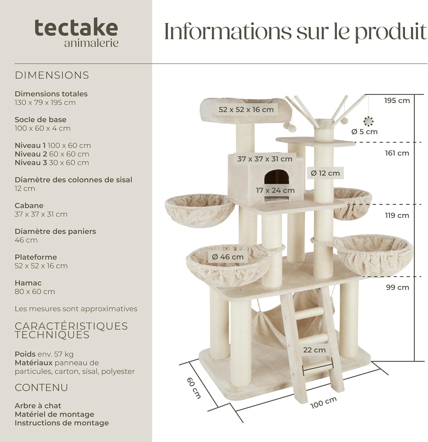 Arbre à chat TecTake 195 cm en sisal, avec plateformes, hamac, niches et griffoirs pour chat d’intérieur beige.