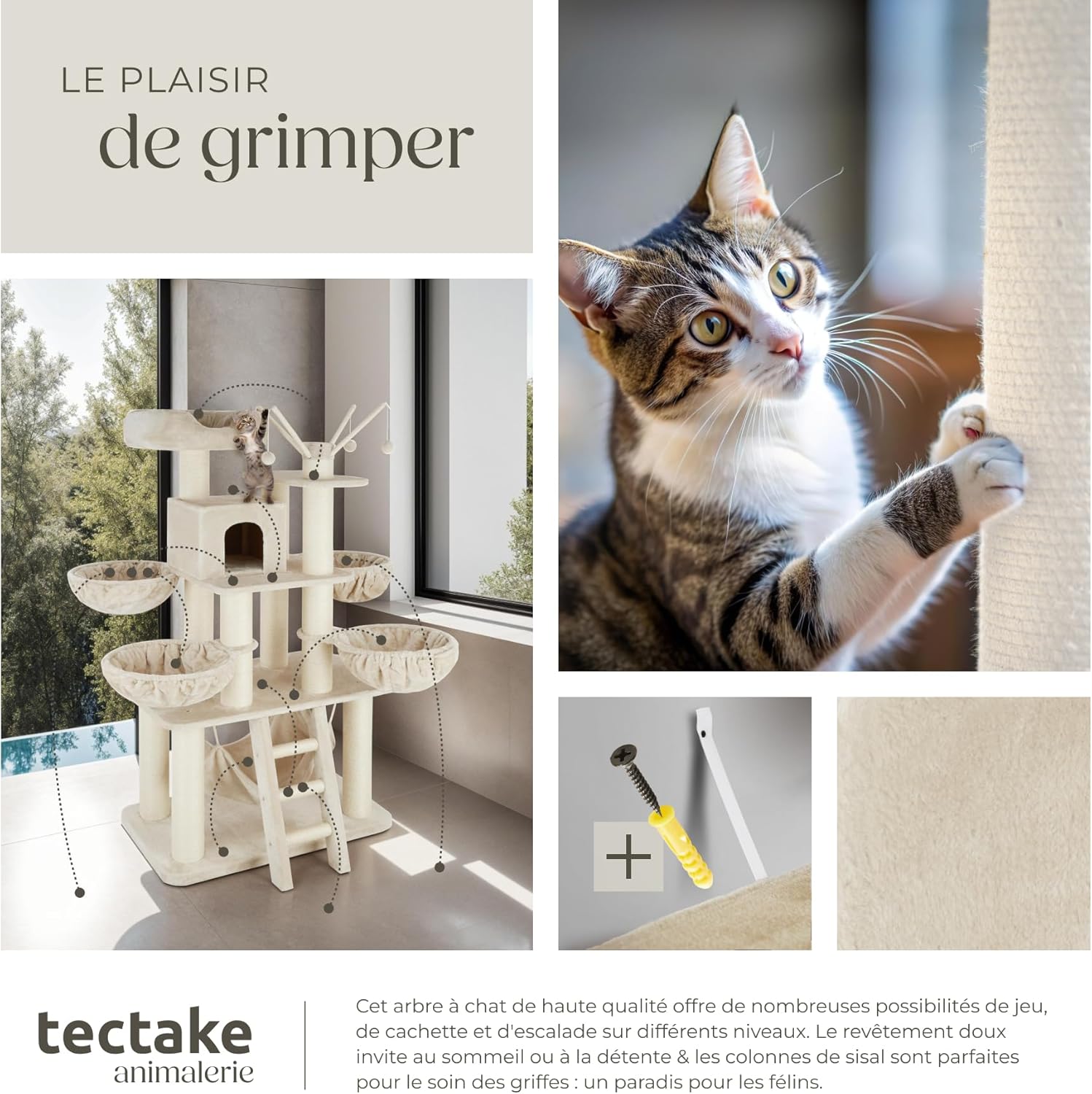 Chat jouant avec la balle suspendue sur la plateforme panoramique de l’arbre à chat TecTake.