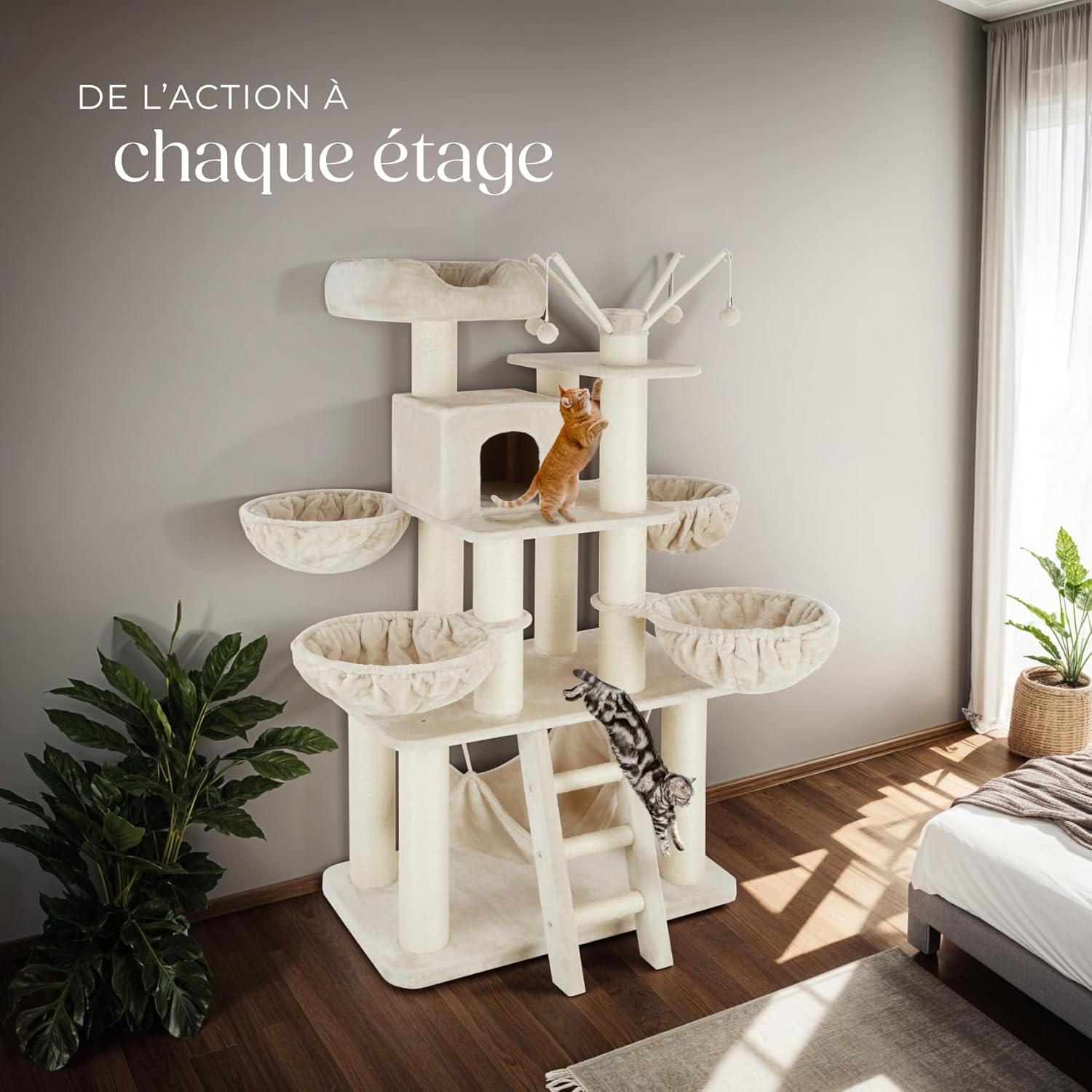 Arbre à chat TecTake XXL 195 cm en sisal et peluche beige pour chats d’intérieur.