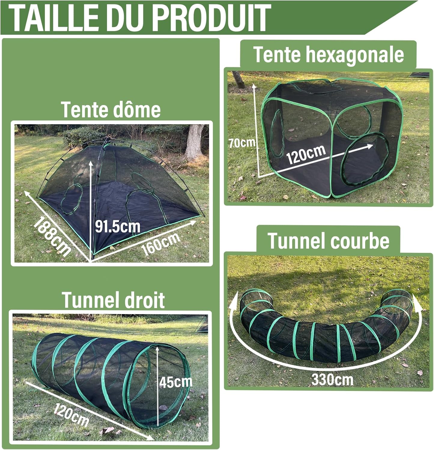 Chat jouant dans la tente verte résistante de l’aire de jeux portable Pawtenda.