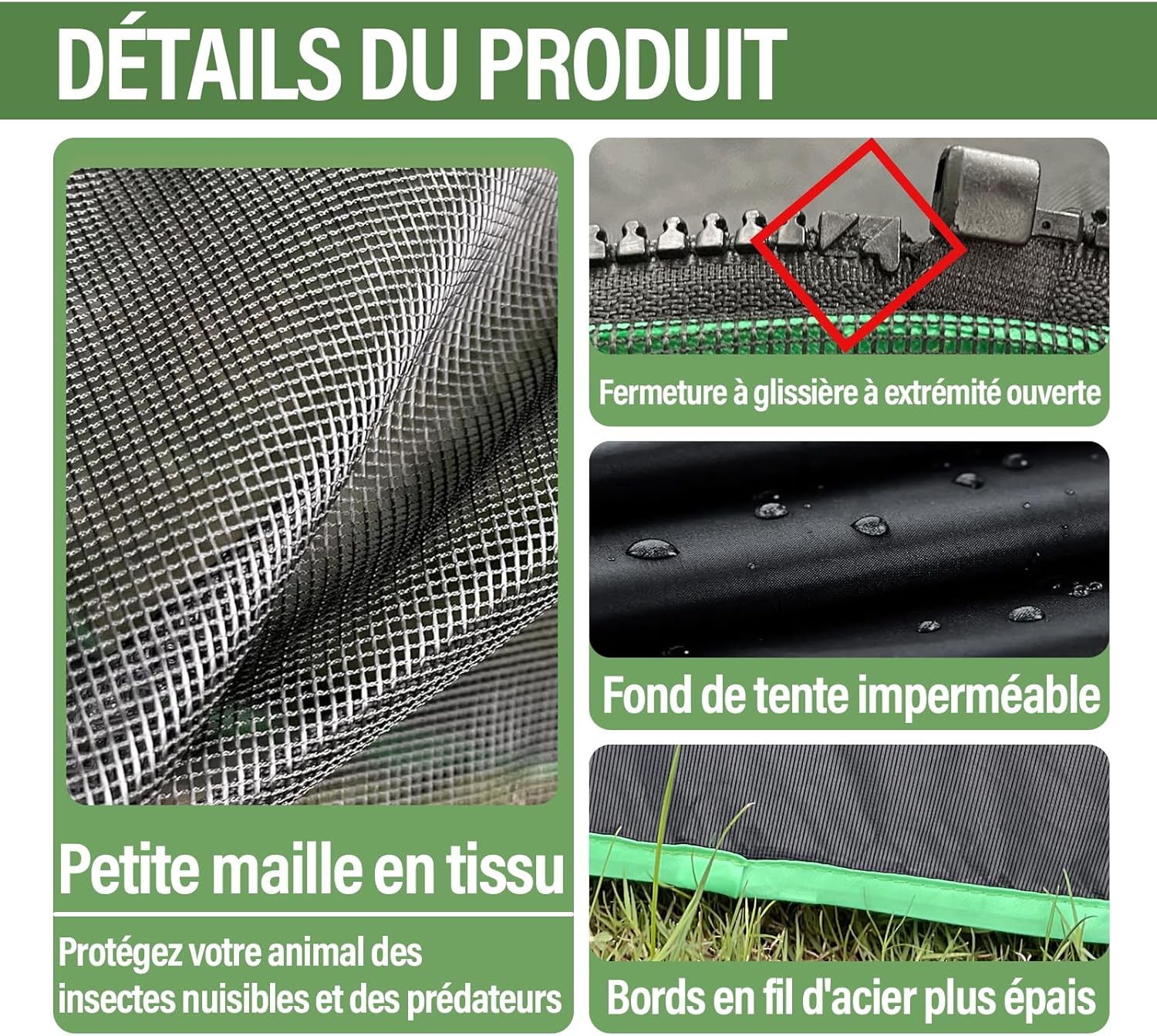 Détail de la fermeture éclair et du fond renforcé anti-fuite de l’enclos pour chat Pawtenda.