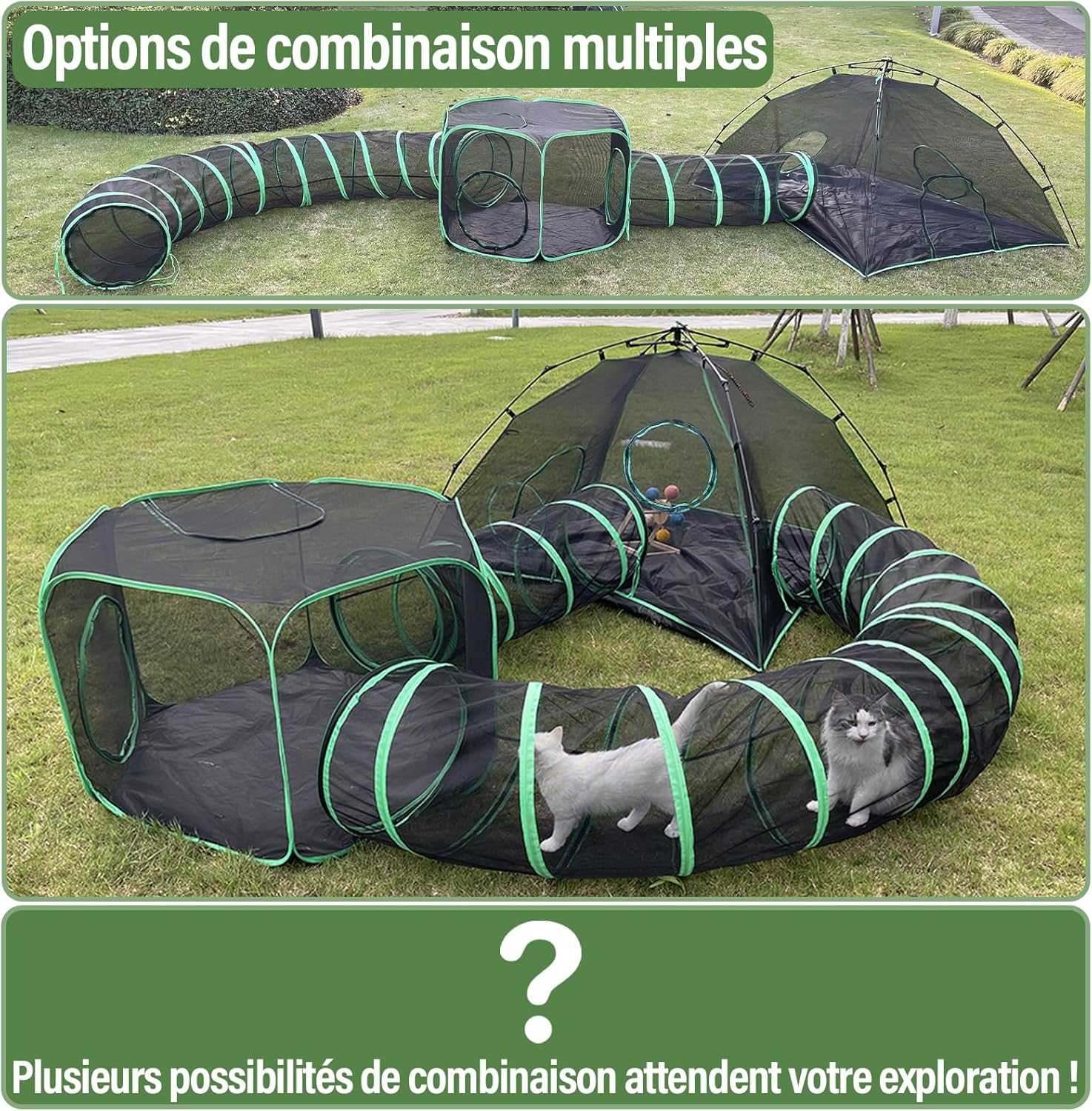 Aire de jeu extérieur Pawtenda 4 en 1 pour chat avec deux tentes vertes et tunnels hexagonaux.