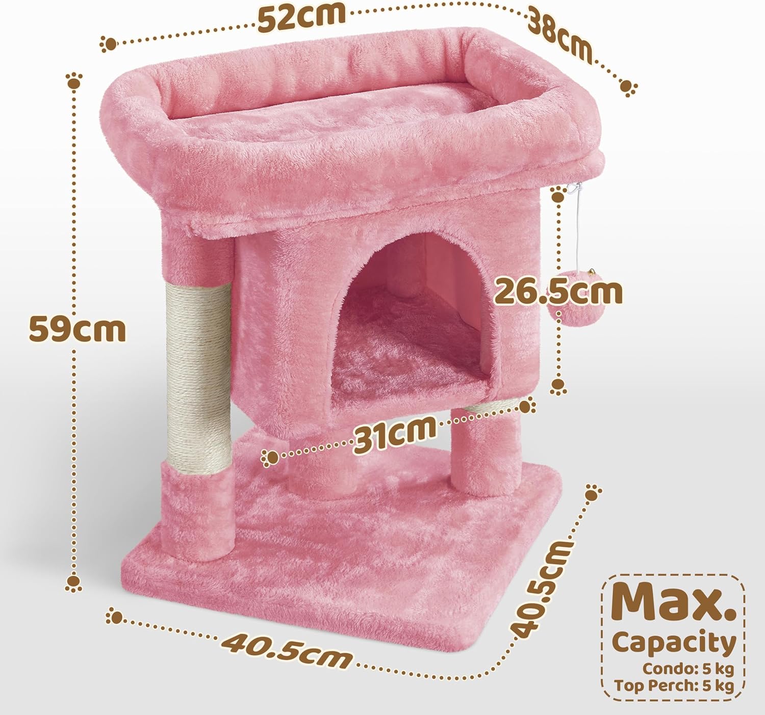 Vue de l’arbre à chat design et rose, installé près d’une fenêtre avec niche pour sieste