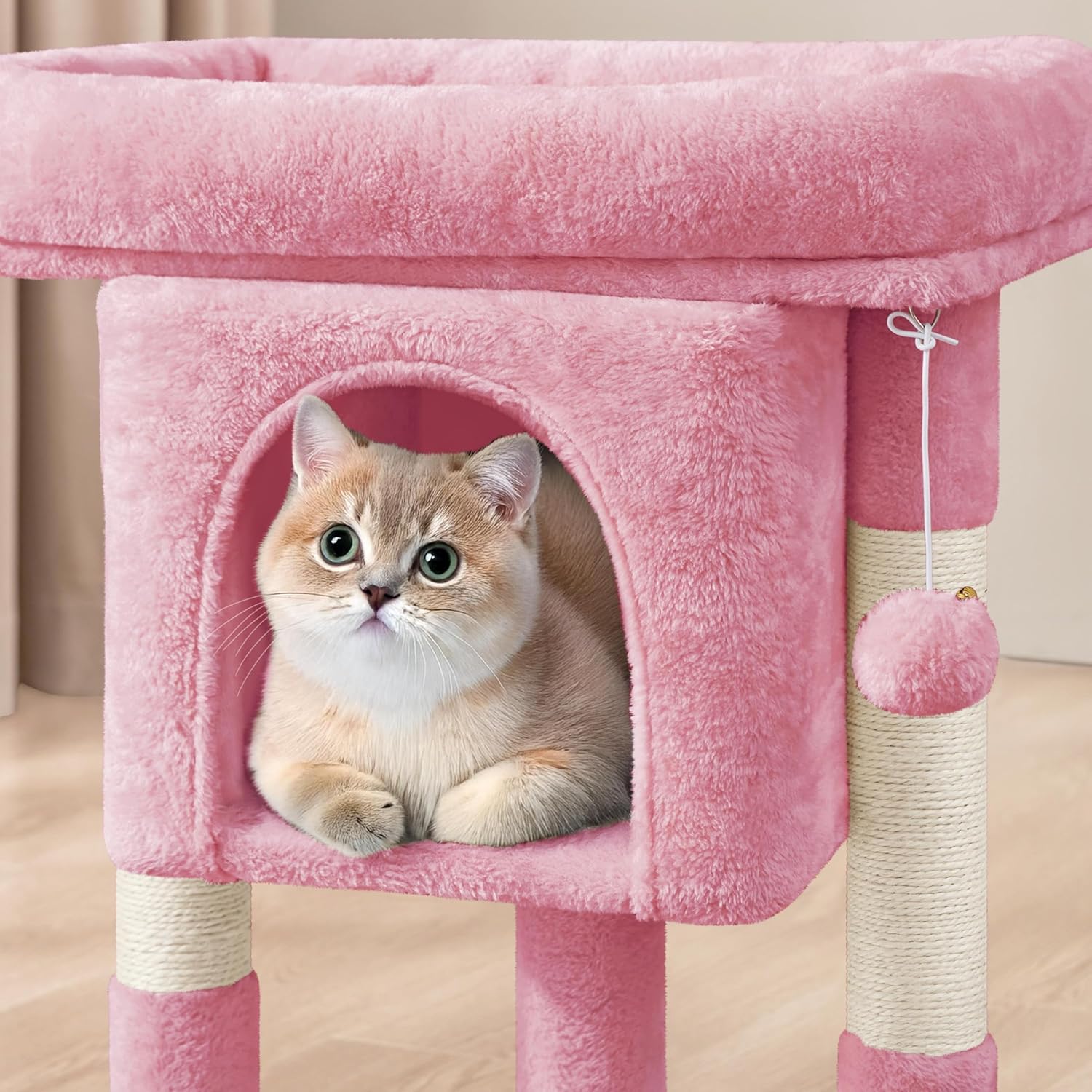 Chat adulte caché dans la niche moelleuse rose de l’arbre à chat 59 cm Yaheetech