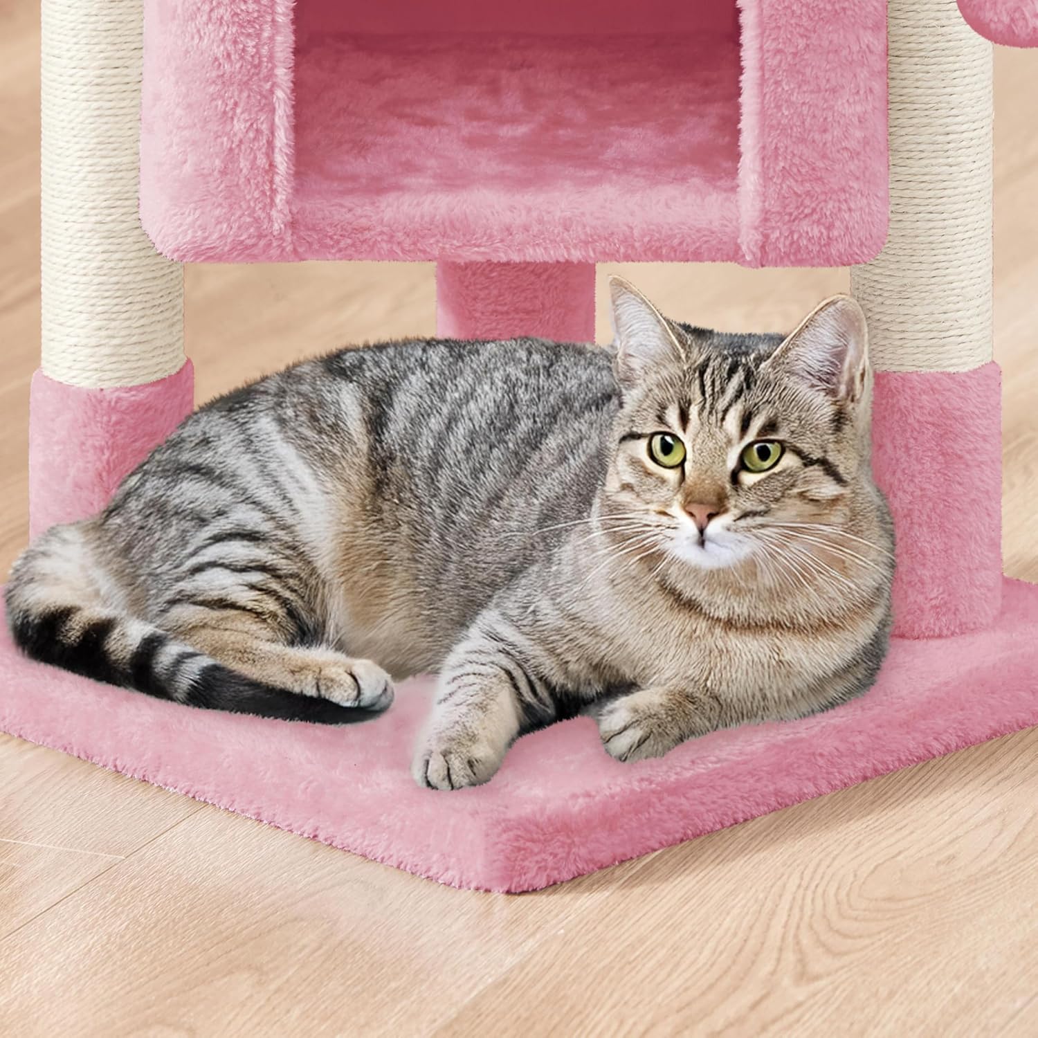 Chat adulte s’étire sur le griffoir de l’arbre à chat rose Yaheetech, ambiance chaleureuse de salon