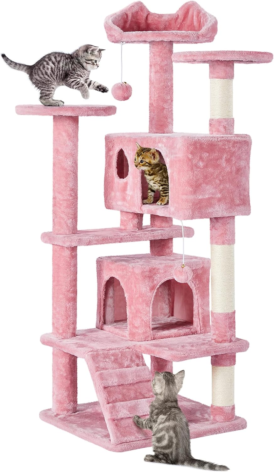 Arbre à chat multi-niveaux rose Yaheetech avec deux niches pelucheuses et trois plateformes dans un salon lumineux