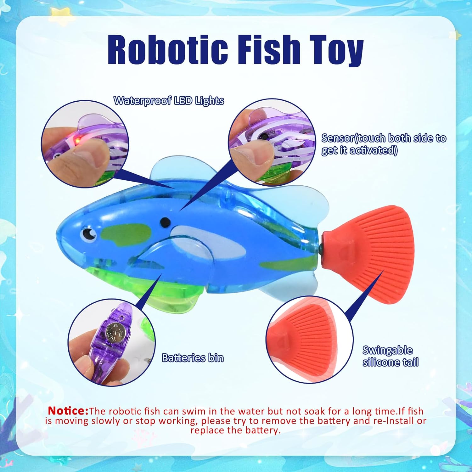 Zoom sur les poissons robotiques à LED et leurs queues en silicone dans la piscine pour chat Esoes