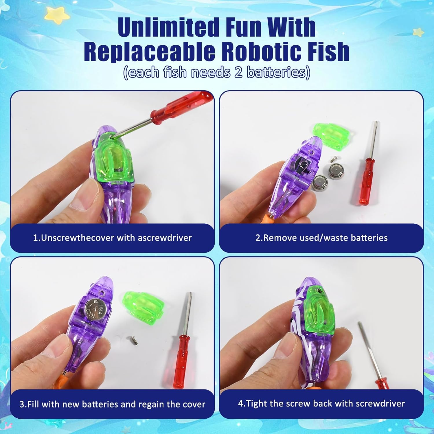 Vue rapprochée des trois poissons robotiques avec queues en silicone et LED clignotantes
