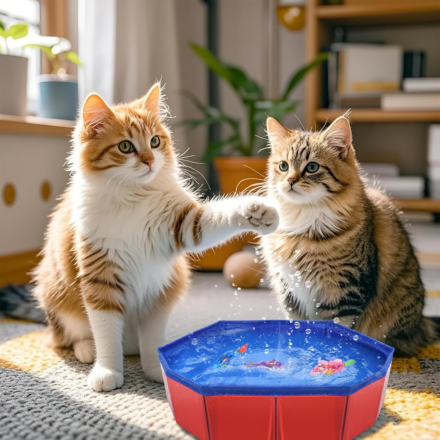 Chat adulte plonge la patte dans la piscine d’intérieur Esoes pour attraper un poisson robot