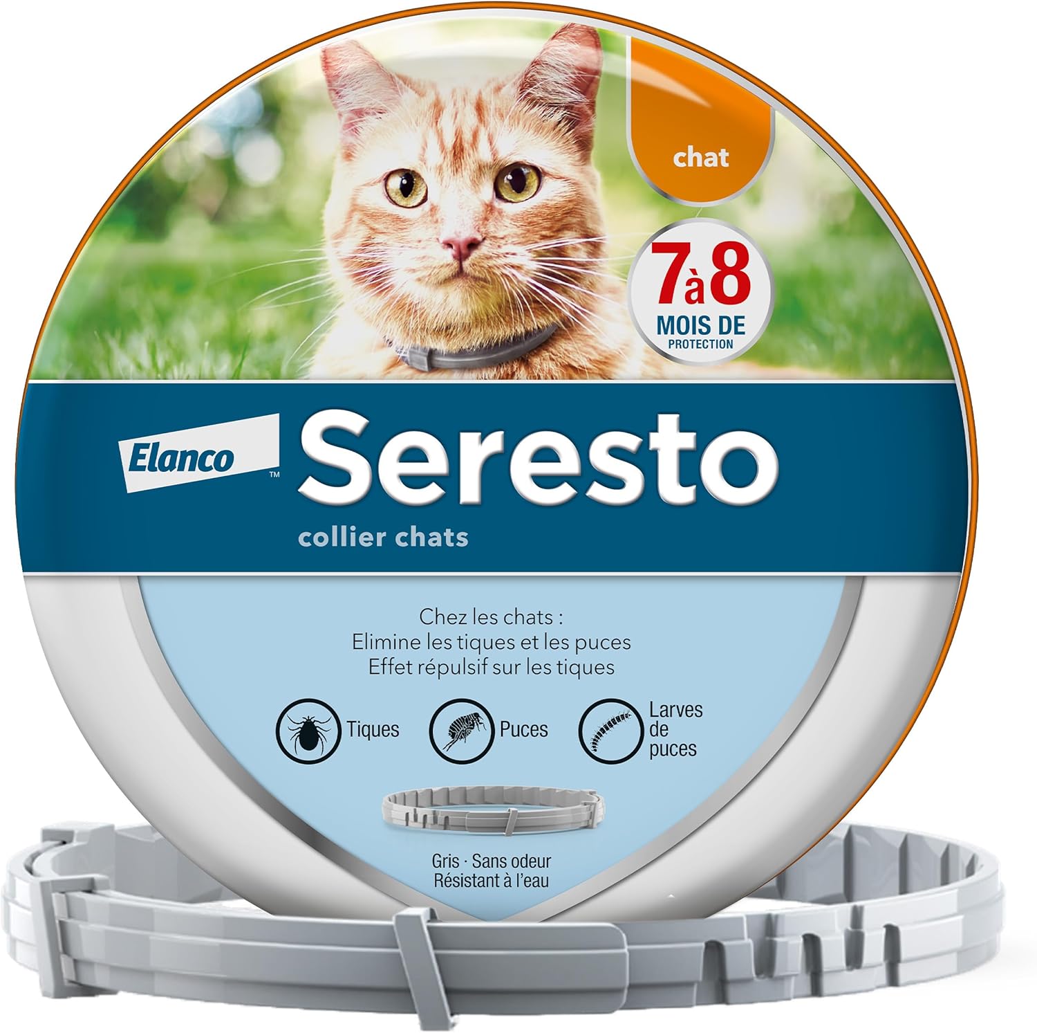 Packaging moderne du collier Seresto chat avec mention de la durée de protection