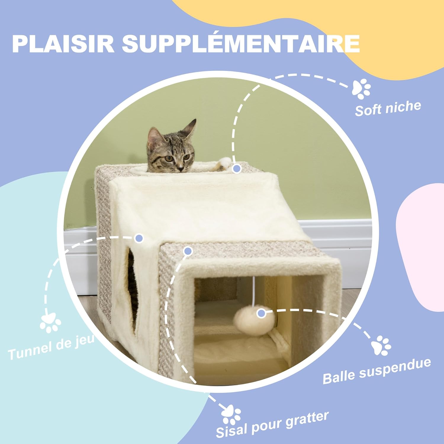Chat confortablement installé dans une niche moelleuse doublée de peluche du tunnel PawHut