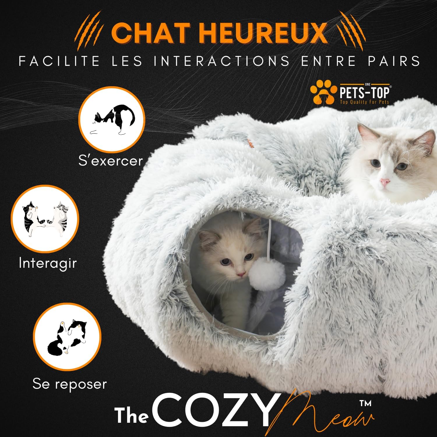 Chaton jouant avec la balle suspendue à l’entrée du tunnel en peluche One PETS-TOP