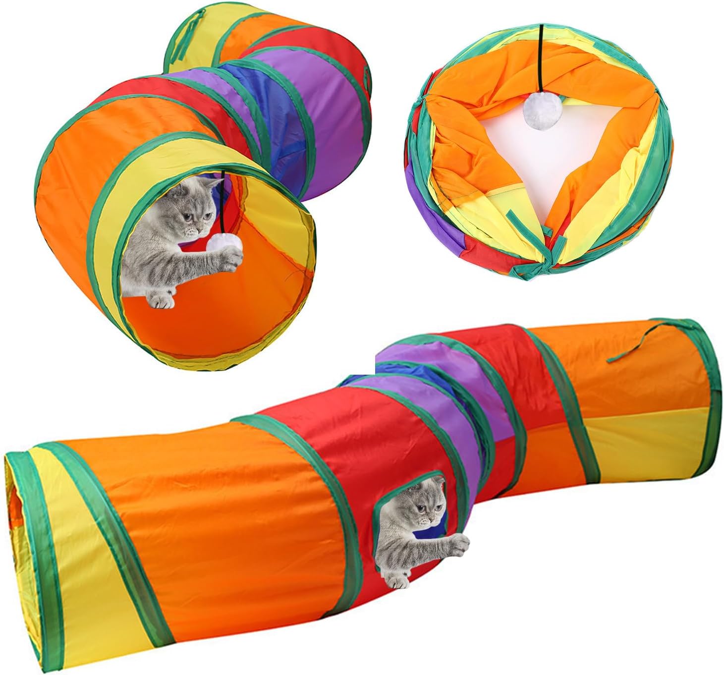 Chat jouant activement dans le tunnel double voies UGBO dans un salon lumineux