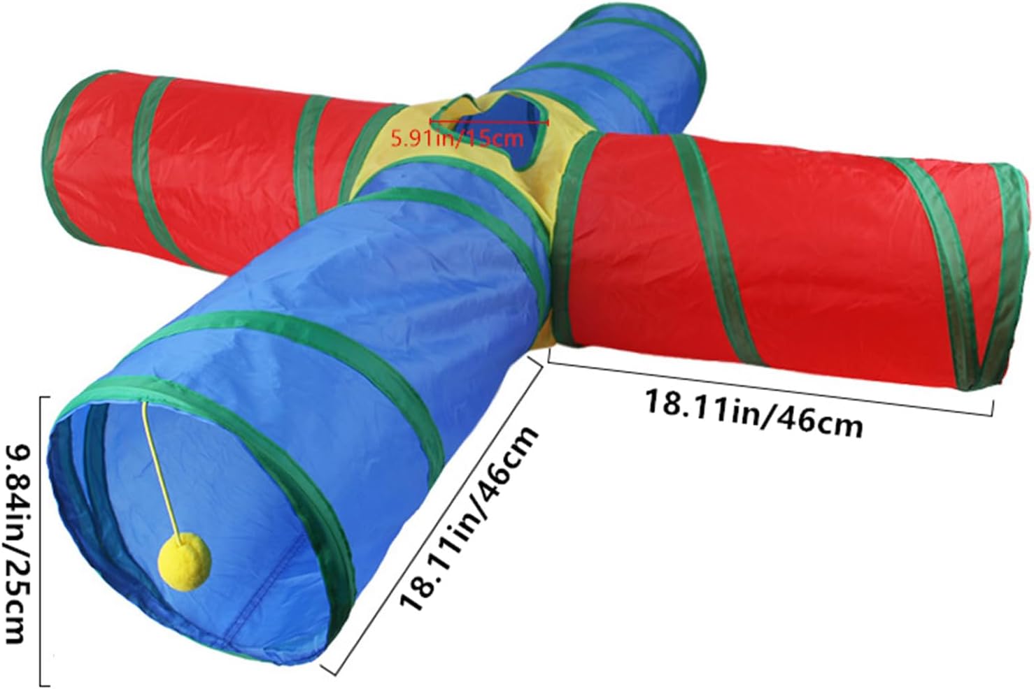 Tunnel pour petits animaux en polyester multicolore avec cadre flexible, installé en intérieur