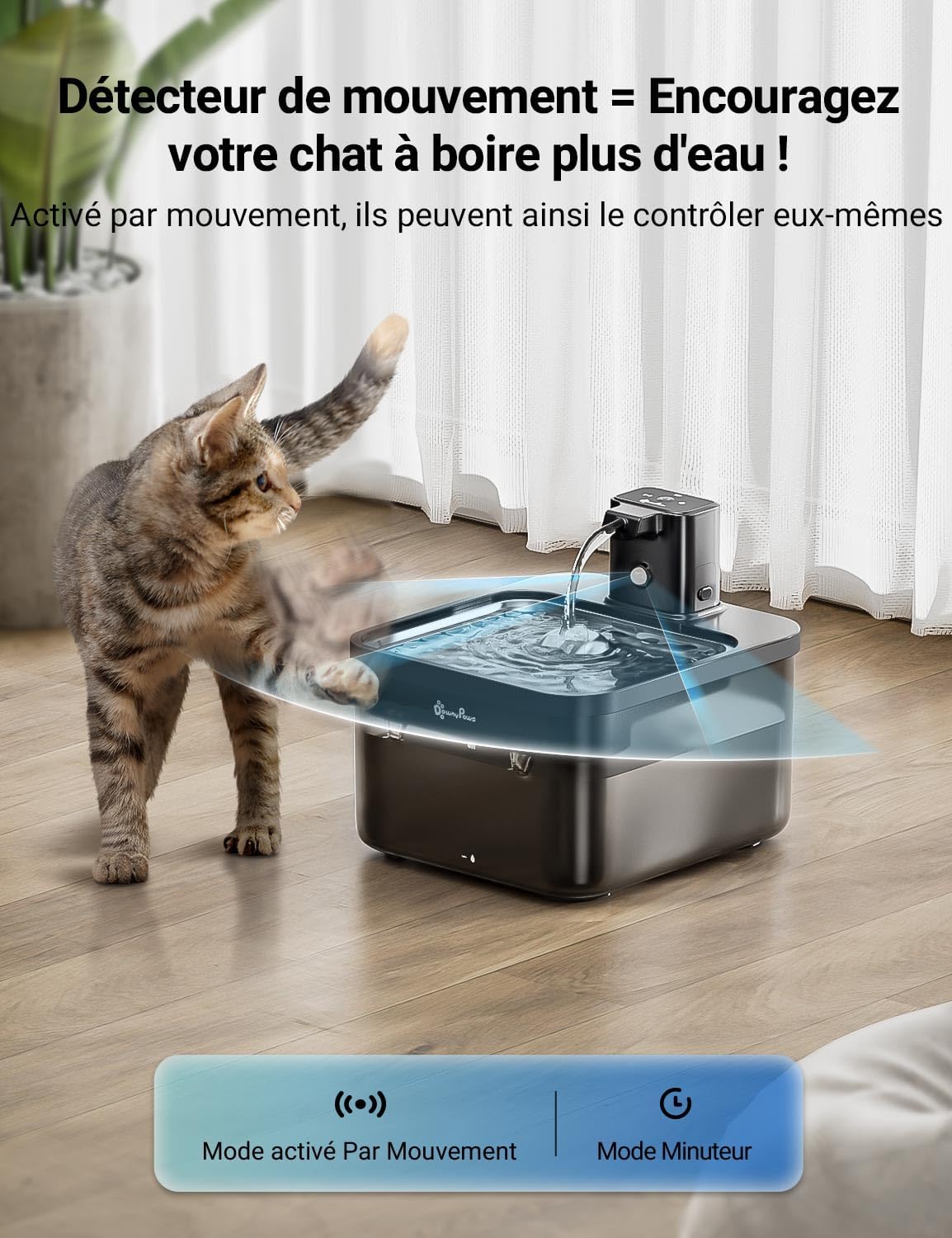Fontaine DownyPaws pompe silencieuse 30dB avec plateau inox