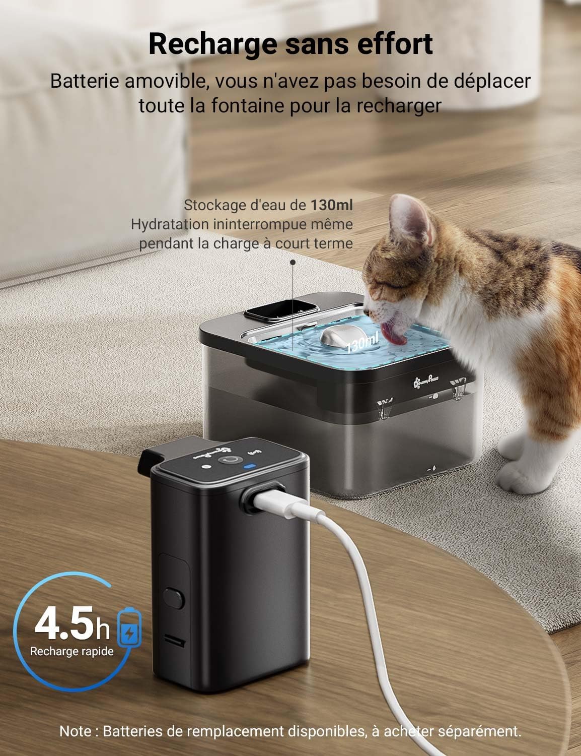 Fontaine à eau pour chat sans câble avec pompe intelligente et sécurité niveau d’eau
