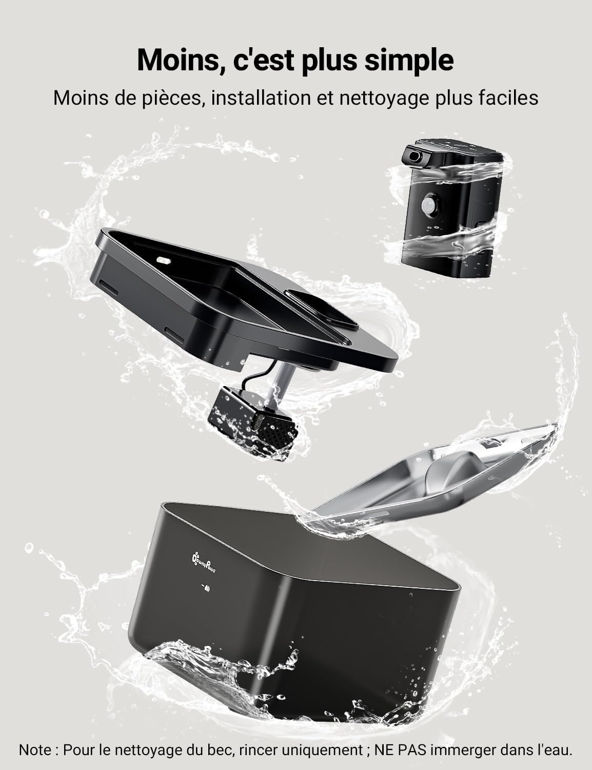 Fontaine silencieuse pour chat en acier inoxydable noir compacte
