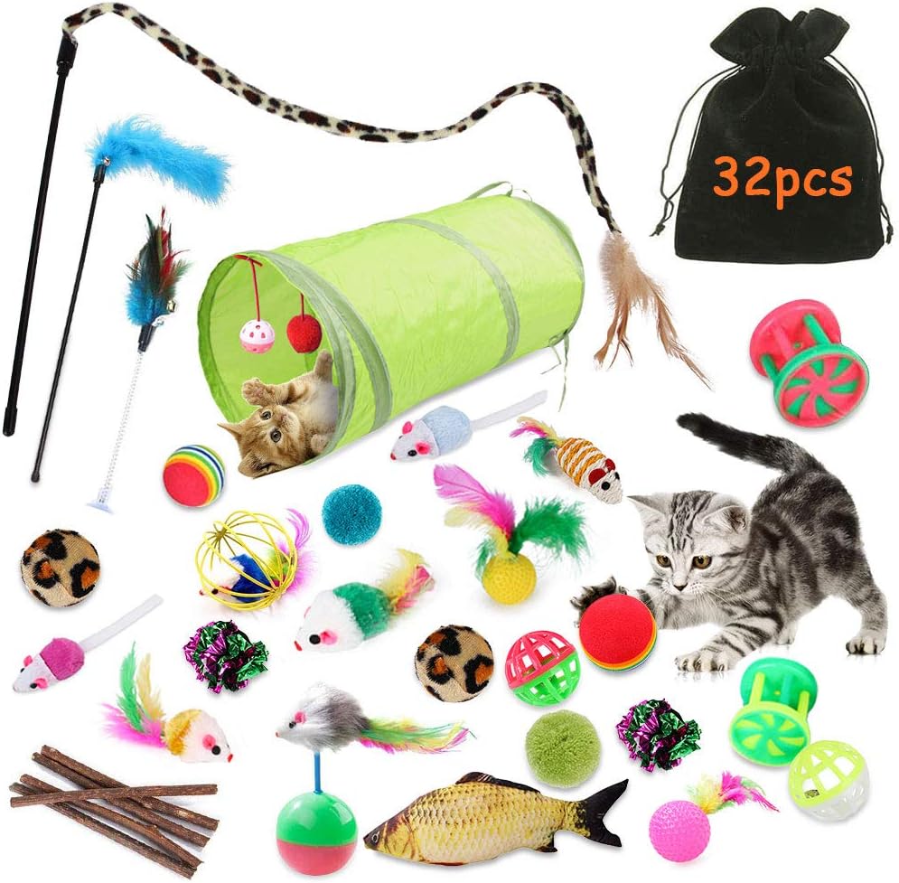 Coffret de jouets pour chat multicolore en bois, sisal et plumes